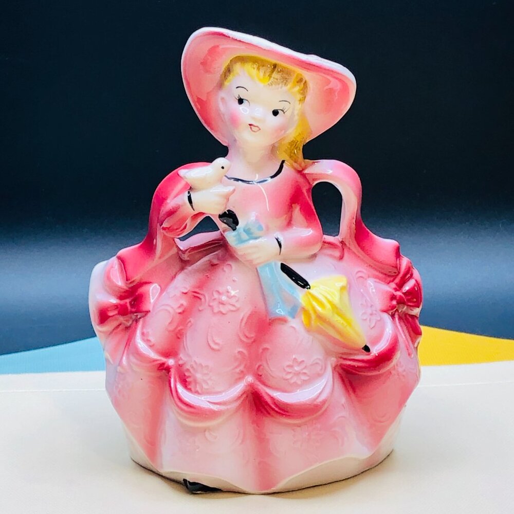 Vintage 60s Rubens Originals Southern Belle Pink Dress Bow Blonde Lady Planter